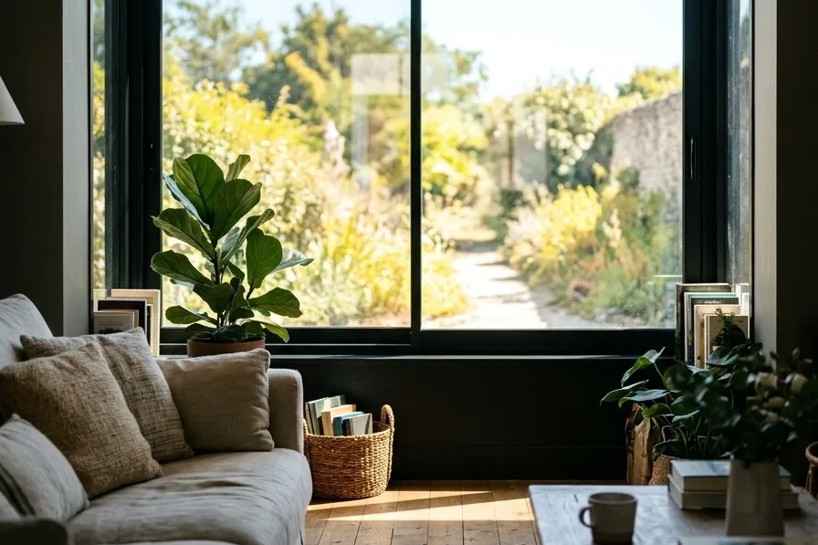 Salon lumineux et frais derrière une baie vitrée, jardin en plein soleil dehors