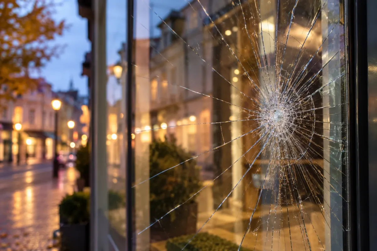 Vitrine de commerce fissurée par un impact mais restée en place grâce au film anti-effraction