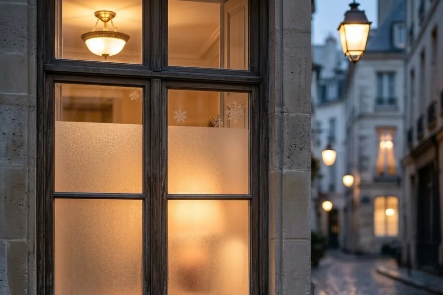 Fenêtre sur rue la nuit, partie basse en film dépoli qui cache l’intérieur tout en laissant passer la lumière
