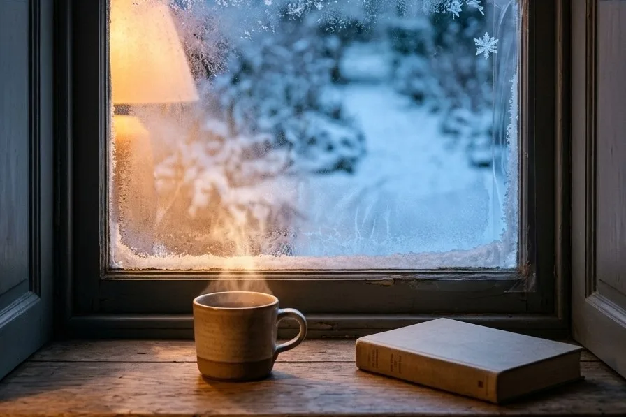Fenêtre givrée en hiver, tasse chaude et livre sur le rebord, intérieur chaleureux